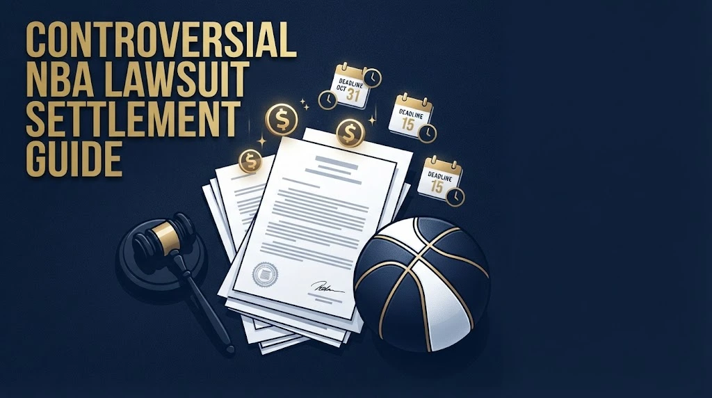Controversial NBA lawsuit settlement guide graphic with legal documents and basketball on navy background