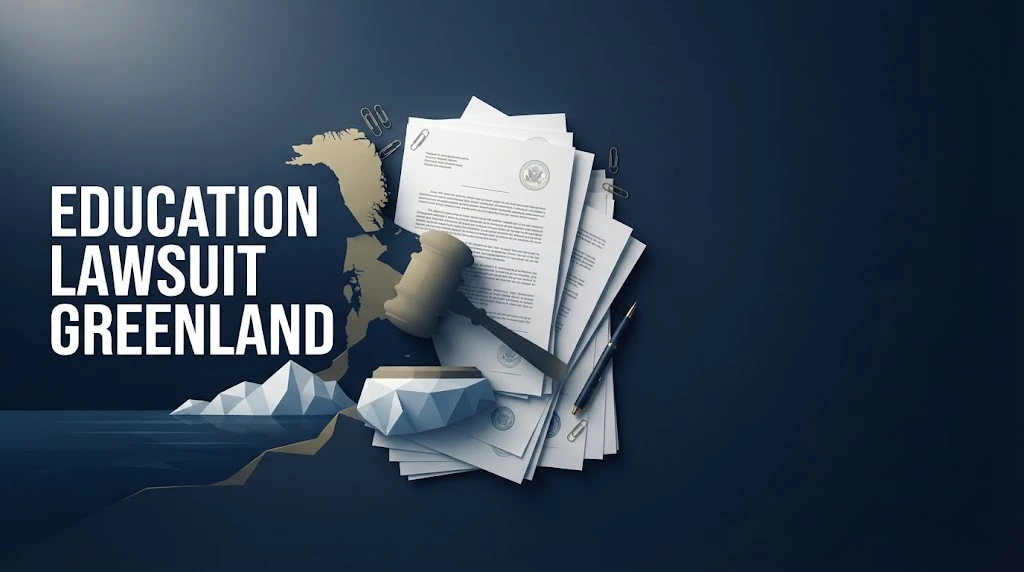 Education lawsuit Greenland hero banner with legal documents and Arctic imagery in navy and gold