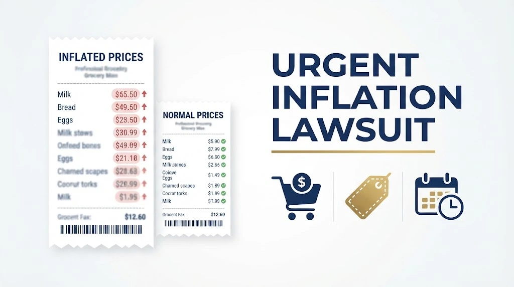 Supporting graphic showing grocery receipt comparison with urgent inflation lawsuit text and settlement deadline icons