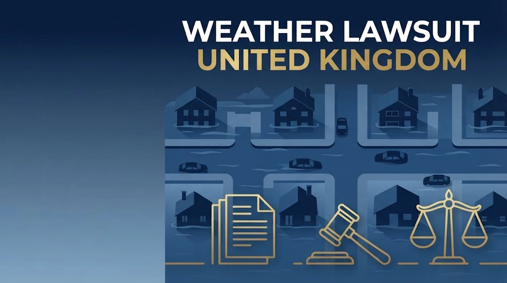 Stylized flooded English street with legal symbols and text reading weather lawsuit United Kingdom in navy blue and gold editorial graphic