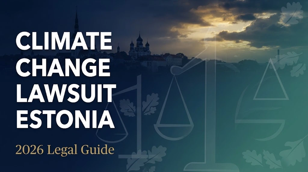 Bold headline reading climate change lawsuit estonia over Tallinn skyline silhouette in navy and gold editorial banner