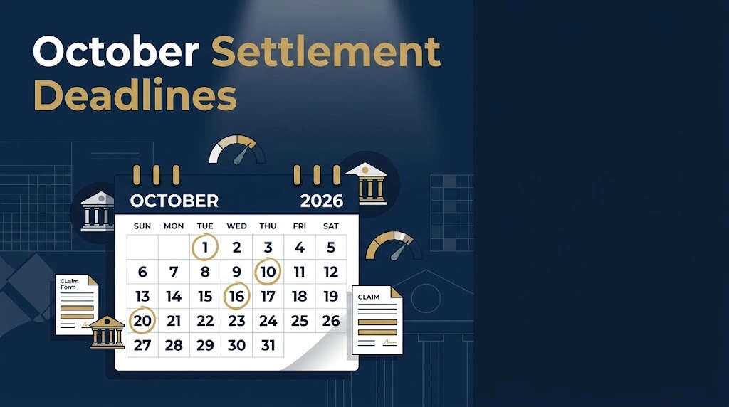 October settlement deadlines graphic showing calendar, bank icons, and finance lawsuit claim forms
