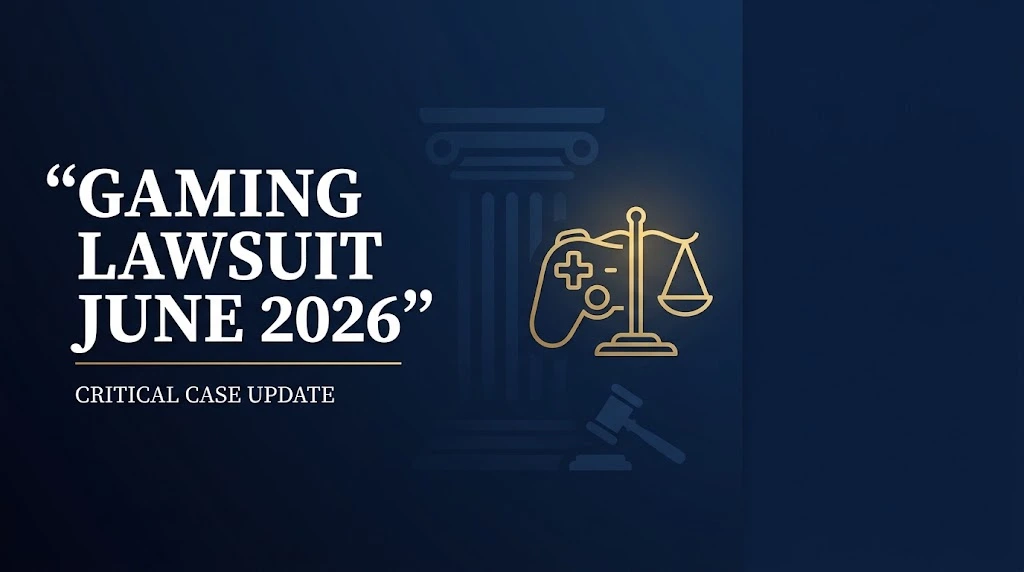 Navy and gold banner with gaming lawsuit June 2026 headline, game controller and scales of justice