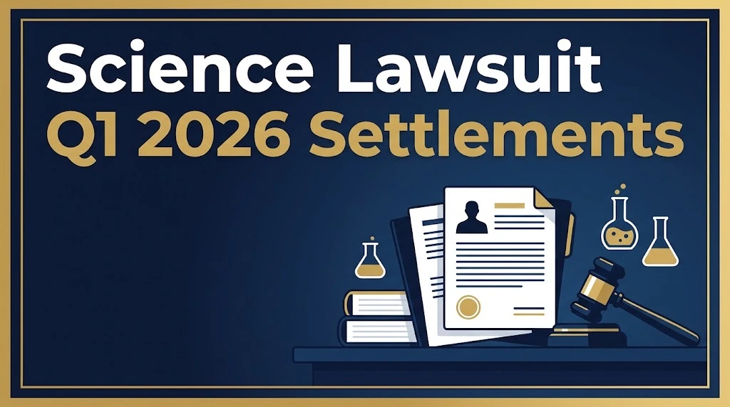 Science lawsuit Q1 2026 settlements graphic with legal documents and chemical flask icons on navy