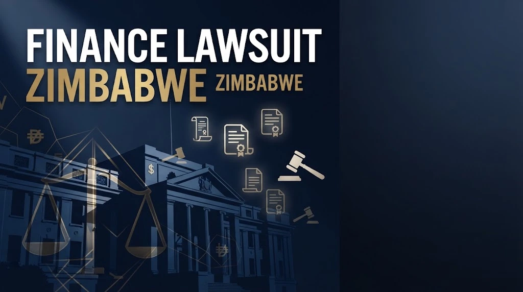 Finance lawsuit Zimbabwe hero banner with courthouse silhouette, legal scales, and gold typography on navy background