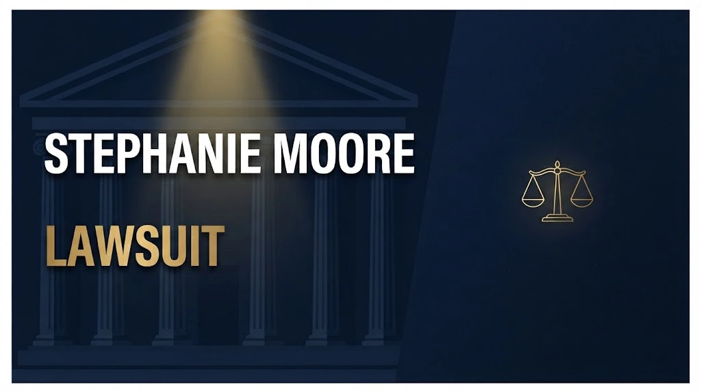 Stephanie Moore Lawsuit hero banner with navy courthouse background and gold justice scales