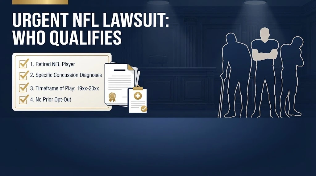 Urgent NFL lawsuit eligibility graphic with claim documents, checklist, and scales of justice icon