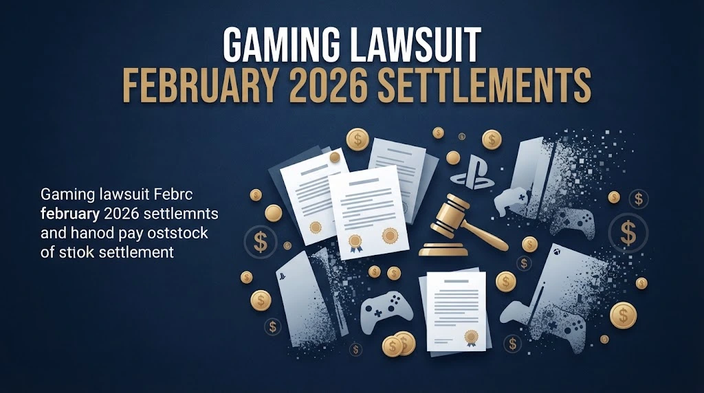 Gaming lawsuit February 2026 settlements graphic with legal documents and gaming icons in navy and gold