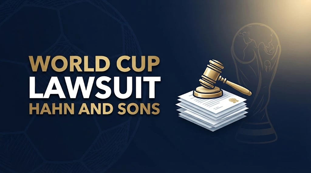World Cup Lawsuit Hahn and Sons hero banner with gavel icon and legal documents on navy background