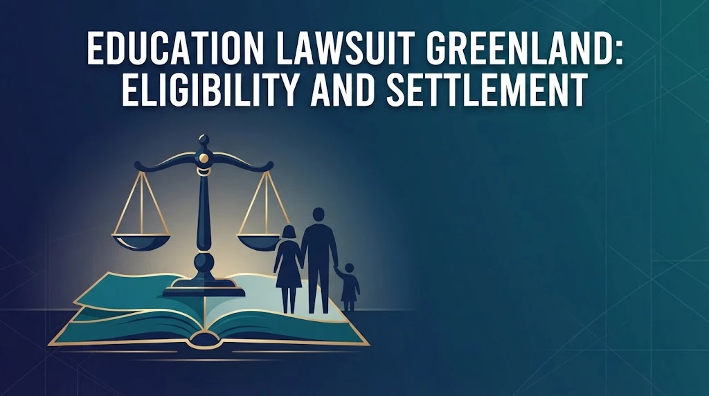 Education lawsuit Greenland eligibility and settlement graphic with justice scale and family silhouettes