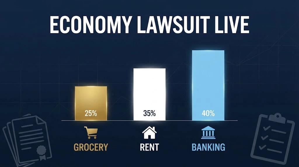 economy lawsuit live settlement data graphic with navy background and gold chart bars