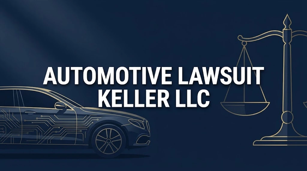 Automotive lawsuit Keller LLC hero banner with navy blue legal theme and gold scales of justice graphic