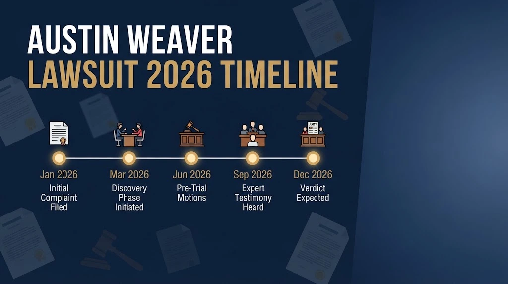 Austin Weaver Lawsuit 2026 timeline graphic with case milestones on navy background