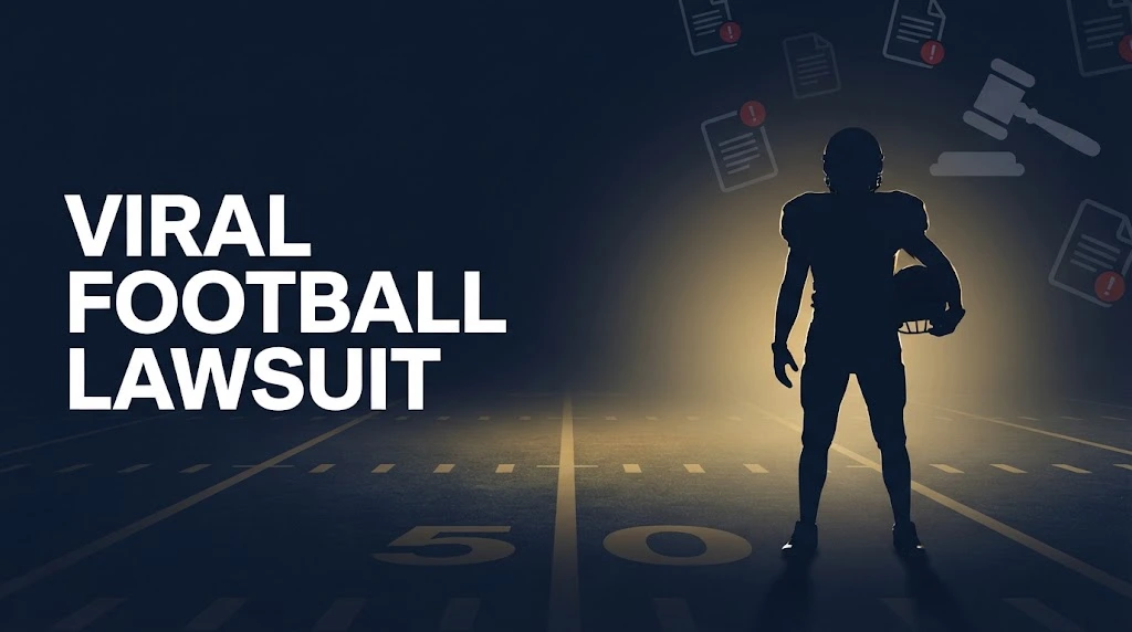 Viral football lawsuit hero banner with football player silhouette and legal symbols on navy background