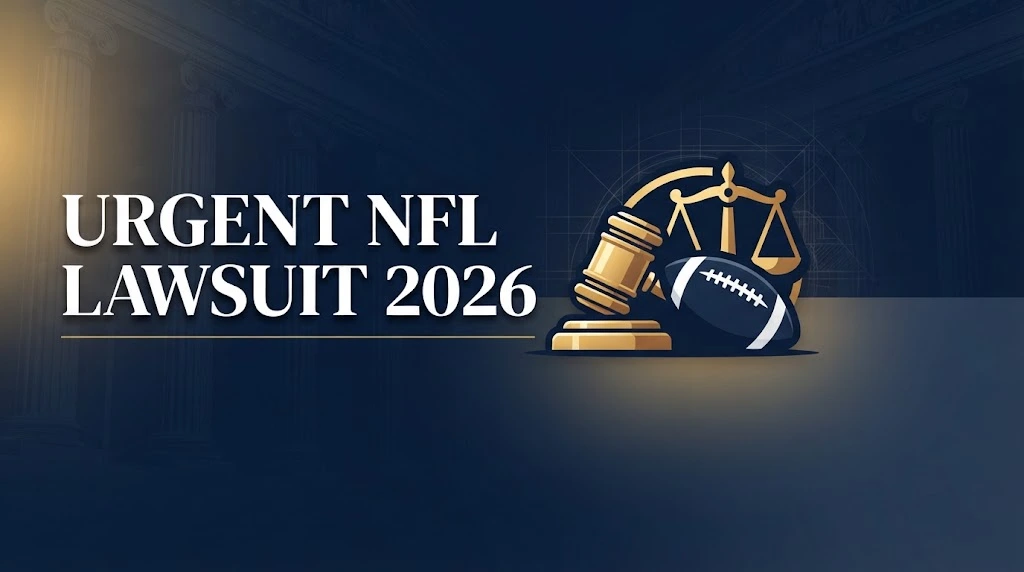 Urgent NFL lawsuit 2026 banner with gold gavel and football silhouette on a navy background