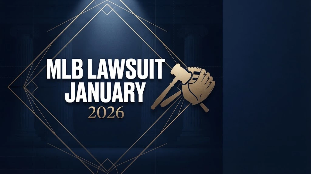 MLB Lawsuit January 2026 hero banner with golden baseball diamond and gavel silhouette on navy background