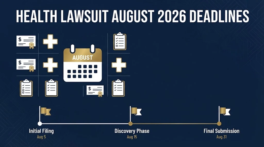 Health lawsuit August 2026 deadlines graphic with calendar icon and settlement timeline on navy background





