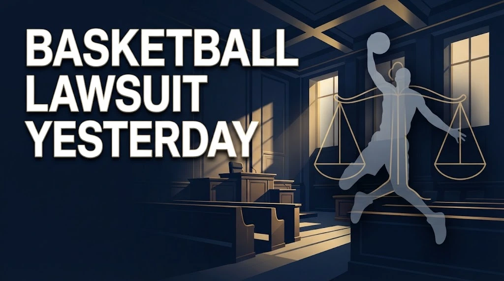 Basketball lawsuit yesterday hero banner with courtroom and player silhouette in navy and gold