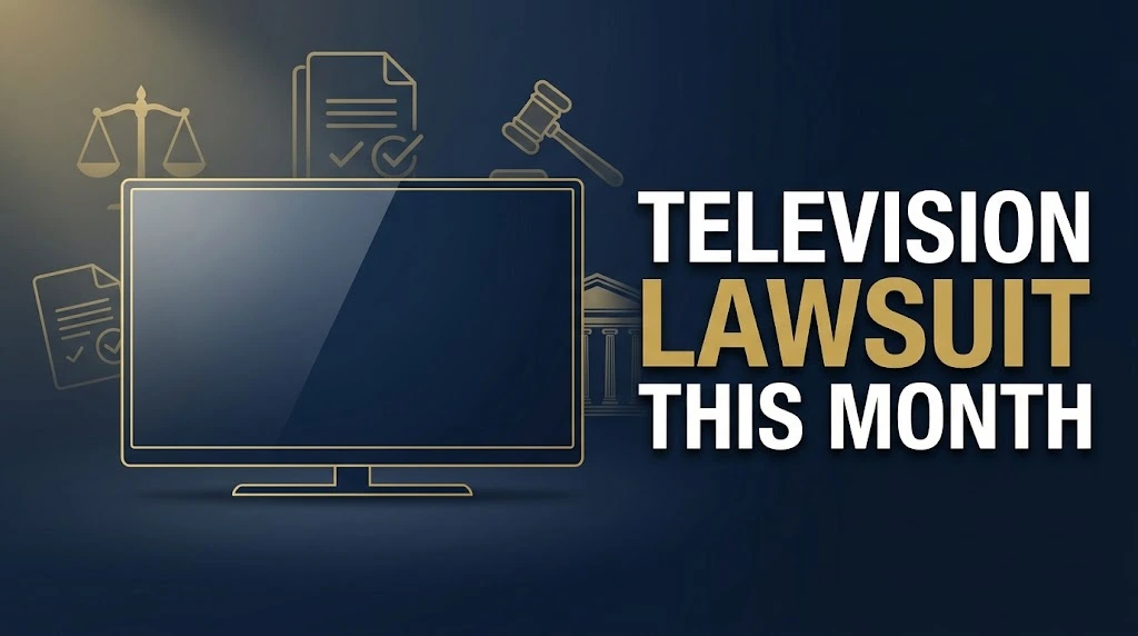 television lawsuit this month hero banner with TV silhouette and legal icons on navy background
