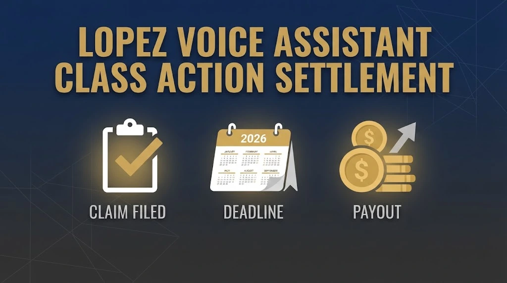 Lopez voice assistant class action settlement infographic with claim form icons and 2026 deadline calendar on dark background