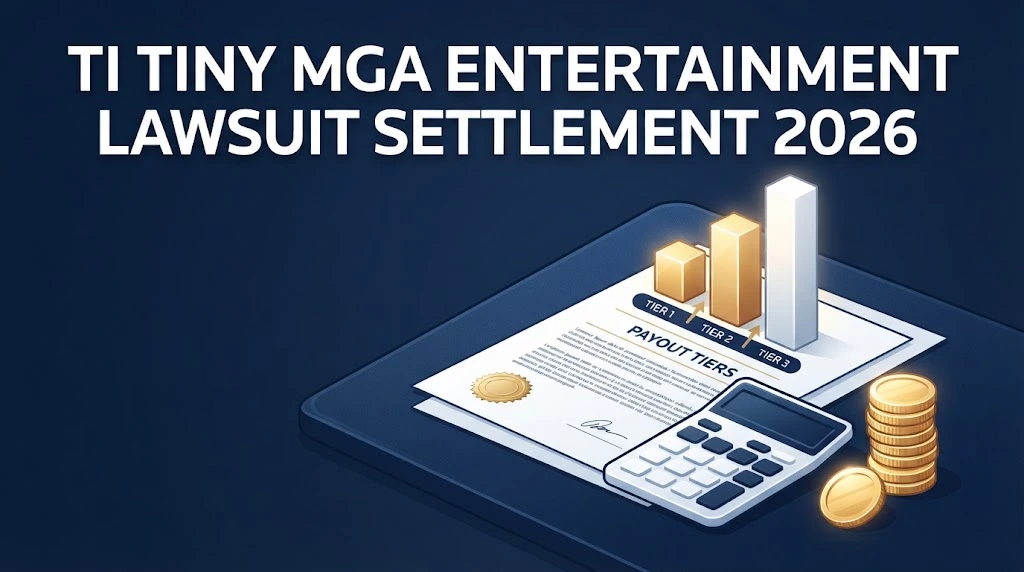 TI Tiny MGA Entertainment Lawsuit settlement graphic with payout charts and gold coins on navy