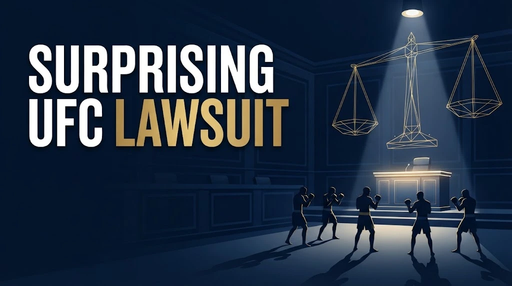 Surprising UFC lawsuit hero banner with courtroom scales and fighter silhouettes on navy background