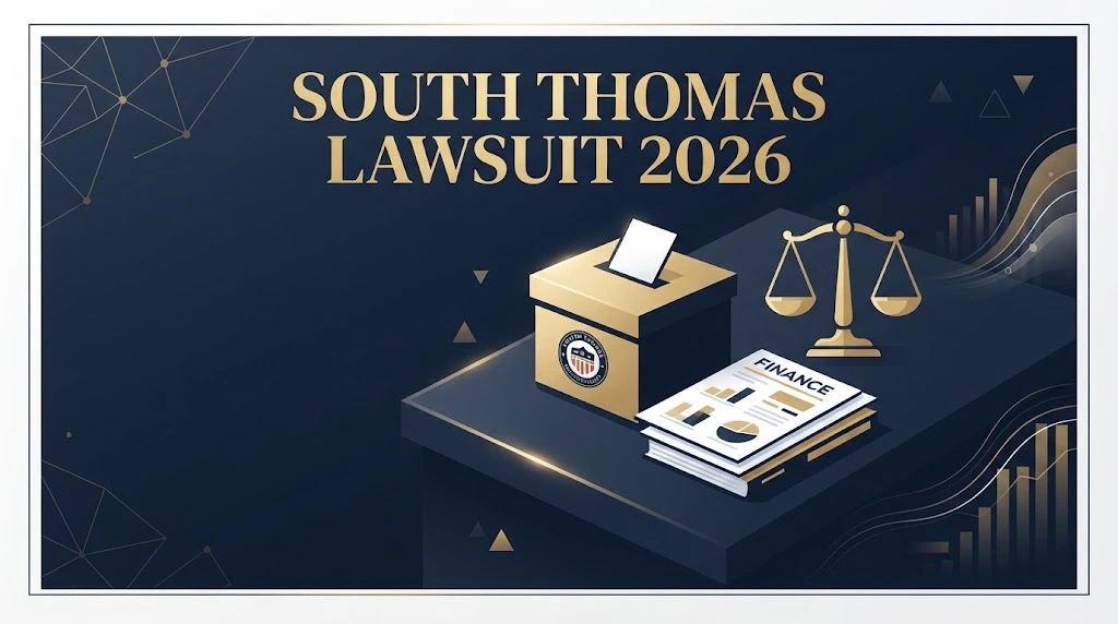 South Thomas lawsuit 2026 supporting graphic with ballot box and scales of justice on navy background