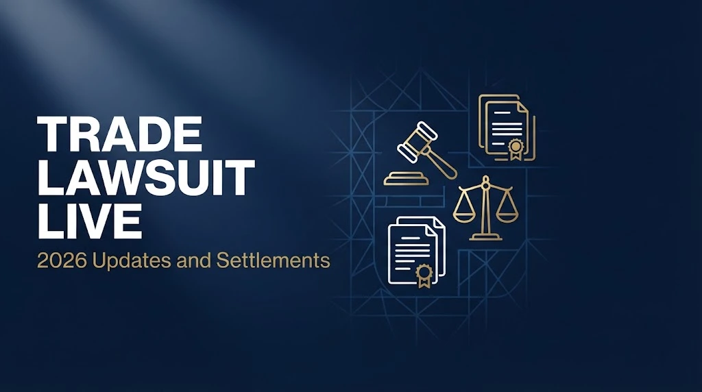 Trade lawsuit live hero banner with navy background, gold legal icons, and 2026 settlement headline