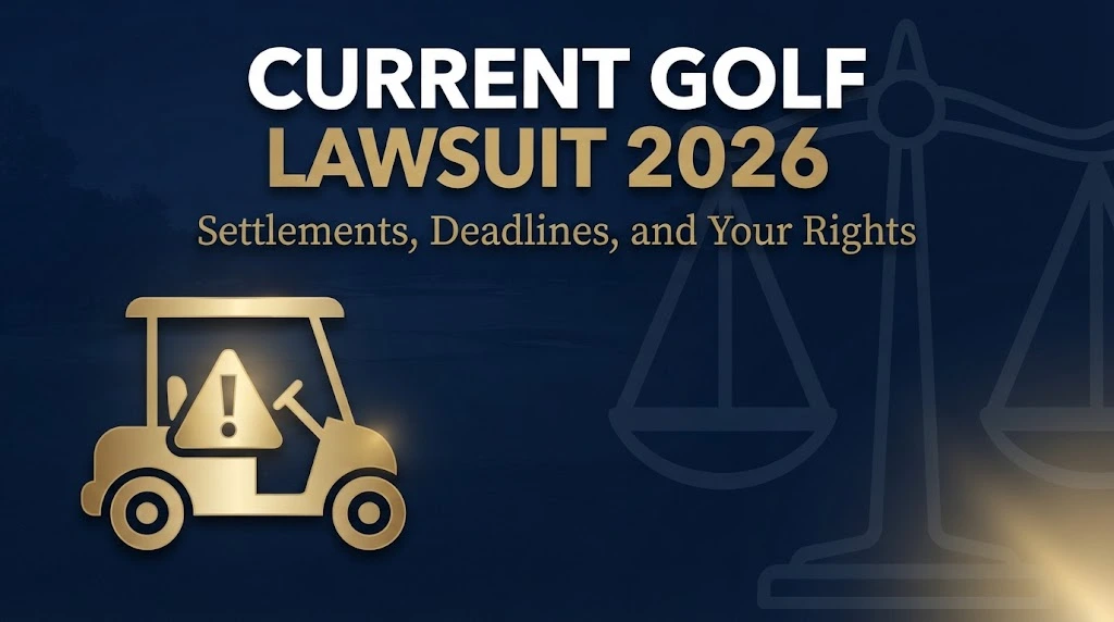Current golf lawsuit 2026 hero banner with legal scales and golf cart icon on navy background