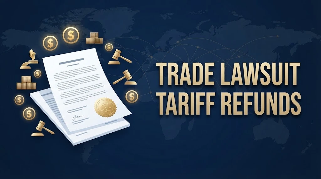 Trade lawsuit June tariff refund graphic with legal document, dollar symbols, and cargo icons on navy background.





