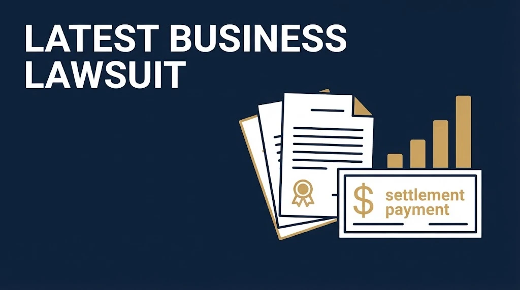 Stylized legal documents and settlement check graphic with latest business lawsuit headline on navy and gold background