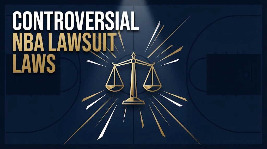 Controversial NBA lawsuit hero banner with basketball court and legal scales on navy background