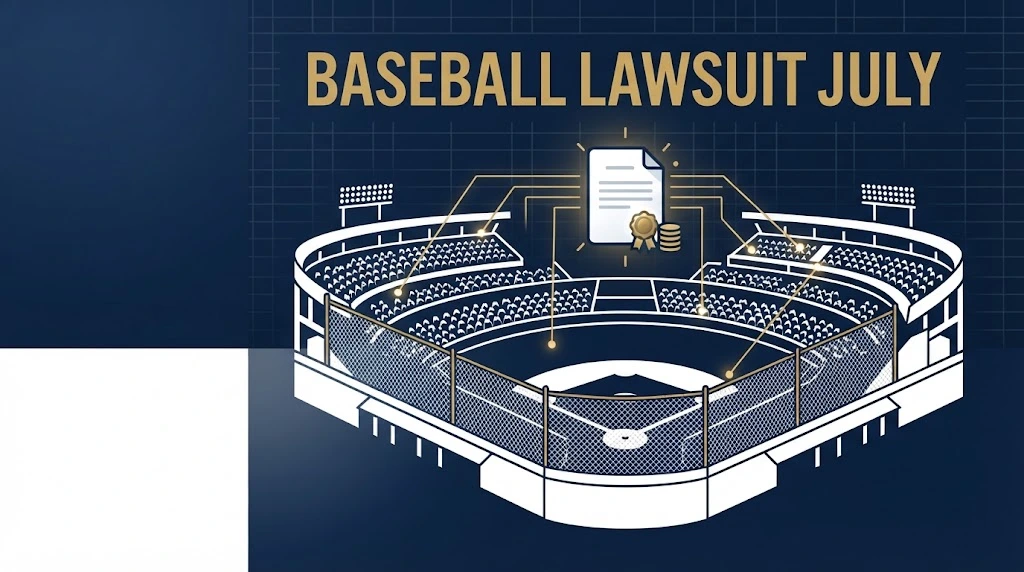 Baseball lawsuit July stadium graphic showing fan safety netting and settlement document icons on navy background