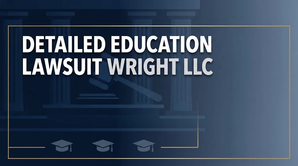 Detailed education lawsuit Wright LLC hero banner with navy courtroom silhouette and gold accents
