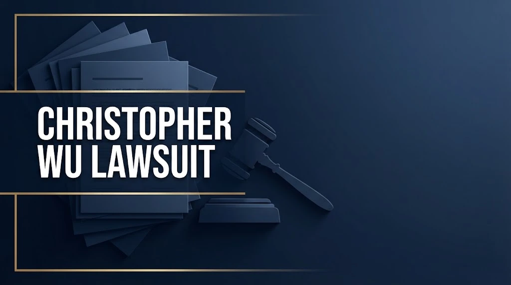 Christopher Wu Lawsuit hero banner with legal documents and gavel silhouette in navy and gold tones