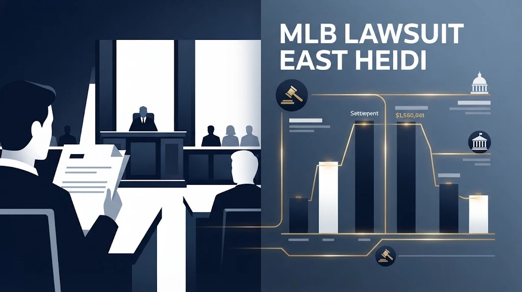 MLB lawsuit east heidi courtroom and settlement infographic with navy and gold editorial design