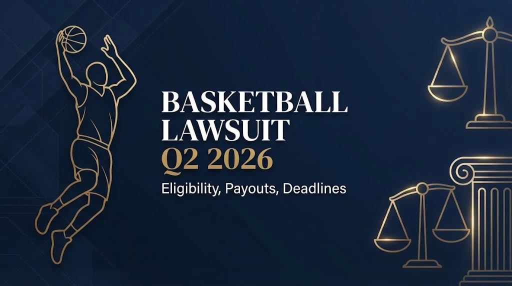 Editorial banner for basketball lawsuit Q2 2026 showing eligibility, payouts, and deadlines with gold legal icons.