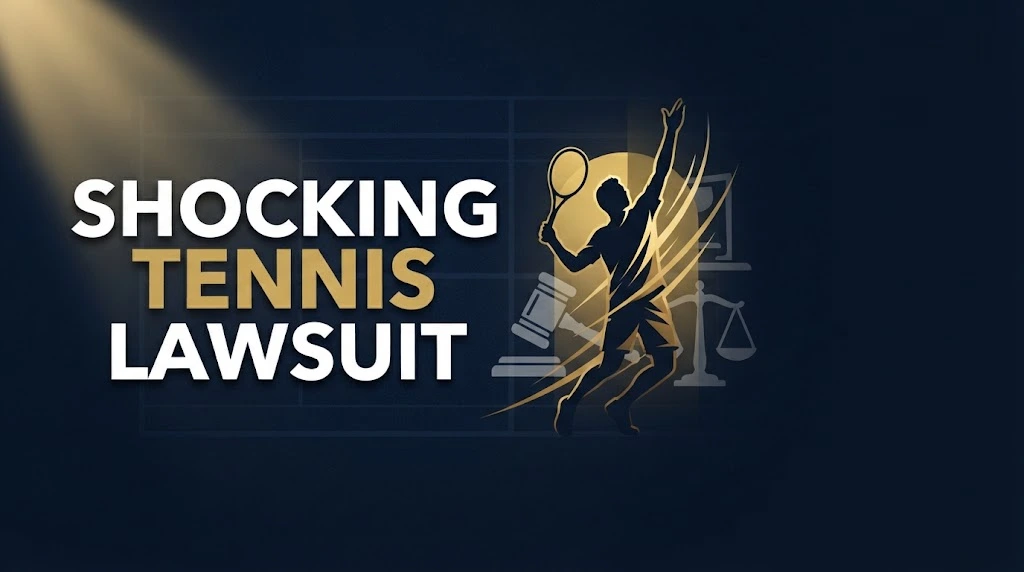 shocking tennis lawsuit headline banner with gold tennis player silhouette and legal symbols on navy background