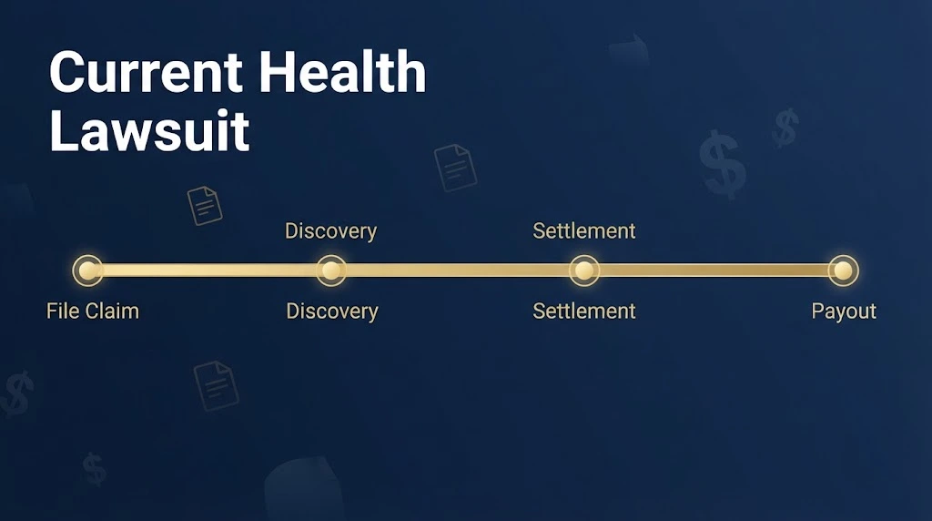 Current health lawsuit settlement timeline infographic with filing and payout milestones on navy background