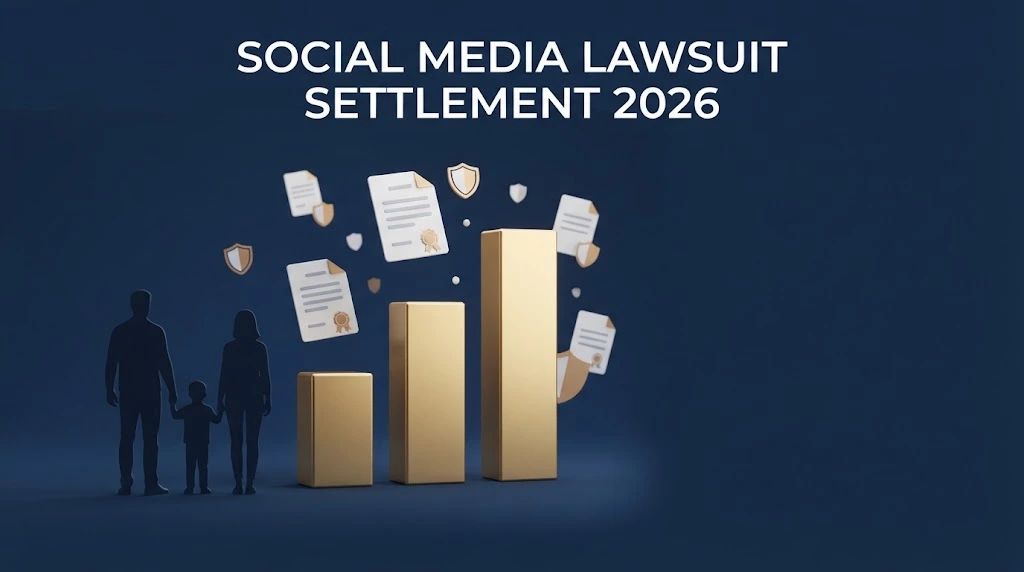 Infographic-style image with text Social Media Lawsuit Settlement 2026 showing gold settlement tier bars and family silhouette on navy background