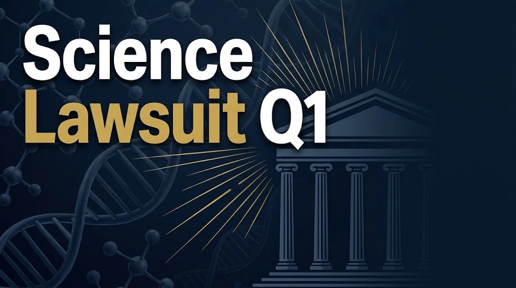 Science lawsuit Q1 hero banner with molecular graphics and courthouse silhouette on navy background