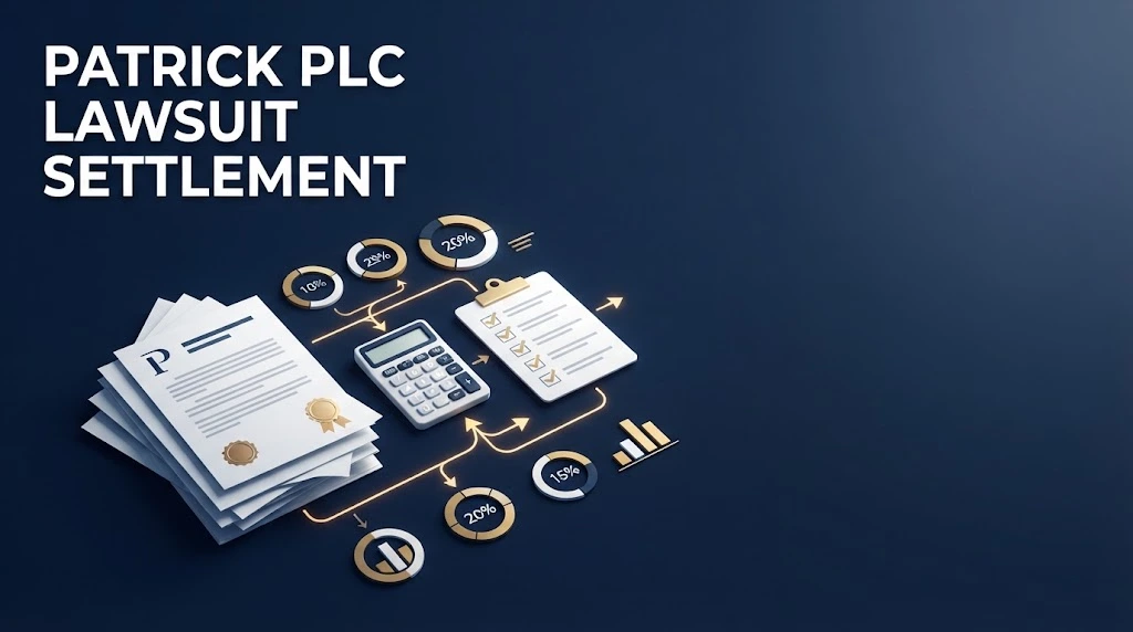 Patrick PLC lawsuit settlement graphic with document icons and payout tier visualization on navy background