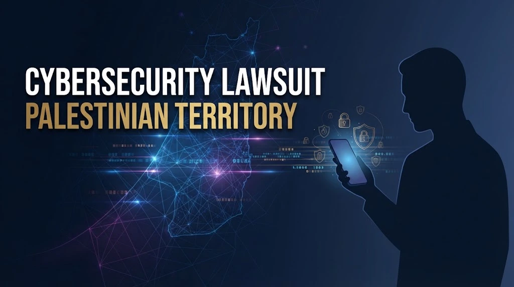 cybersecurity lawsuit palestinian territory headline over digital surveillance network graphic