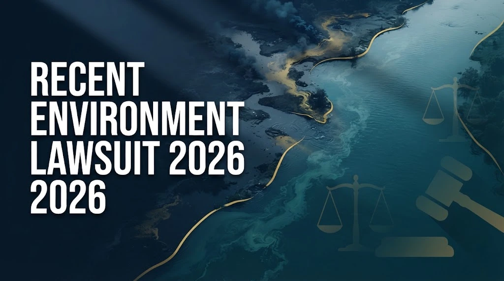 Recent environment lawsuit 2026 hero banner with polluted waterway and legal symbols in navy and gold