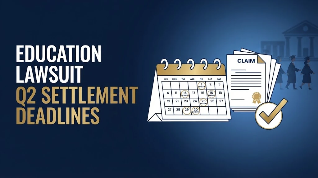 Education lawsuit Q2 settlement deadlines graphic with calendar and claim form illustrations on navy background