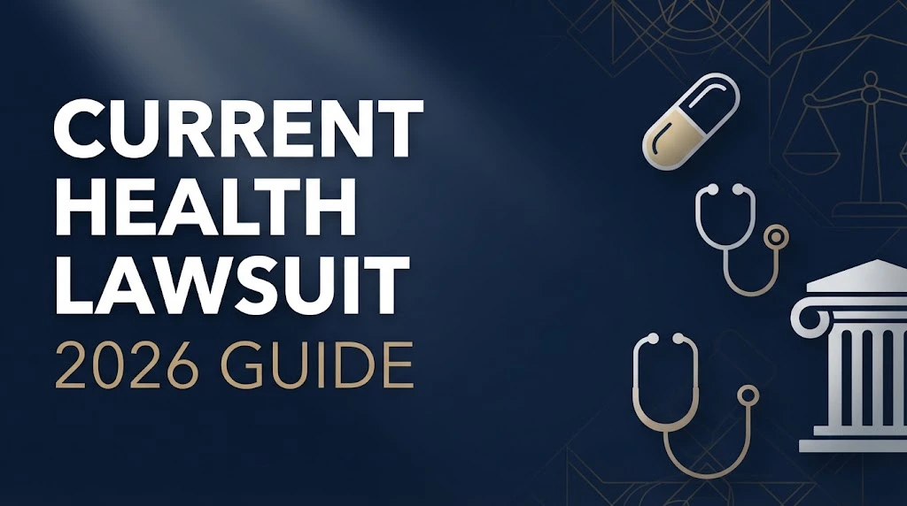 Current health lawsuit 2026 guide banner with legal and medical icons on navy background