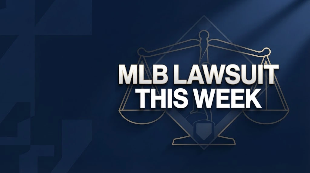 MLB lawsuit this week hero banner with baseball diamond and scales of justice in navy and gold