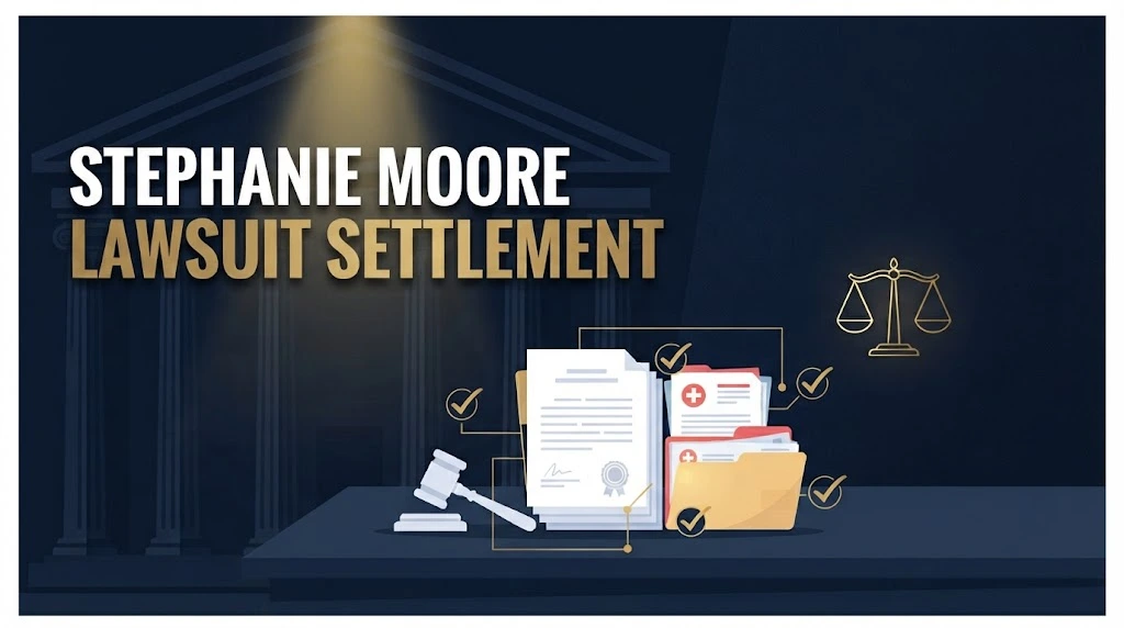 Stephanie Moore Lawsuit settlement graphic with legal documents and gavel on navy background