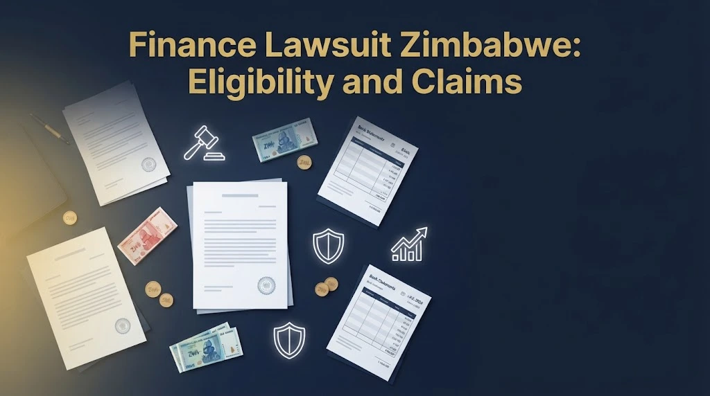 Finance lawsuit Zimbabwe eligibility graphic with legal documents, currency symbols, and claims icons on navy background





