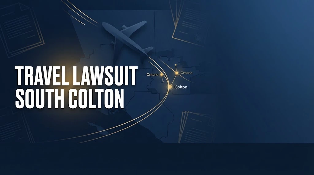Travel lawsuit South Colton hero banner with navy blue map of Inland Empire and gold legal accents